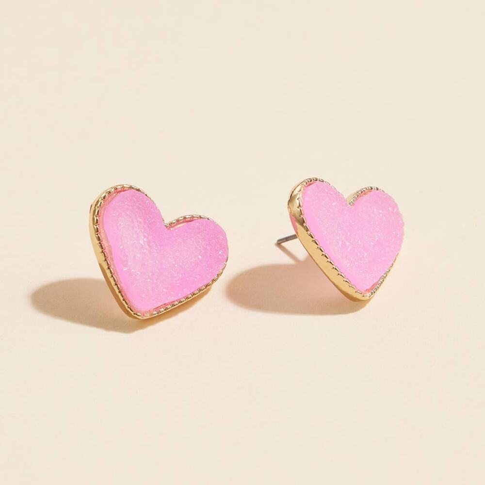 Druzy Heart Stone Stud Earrings Pink Sparkle Jewelry